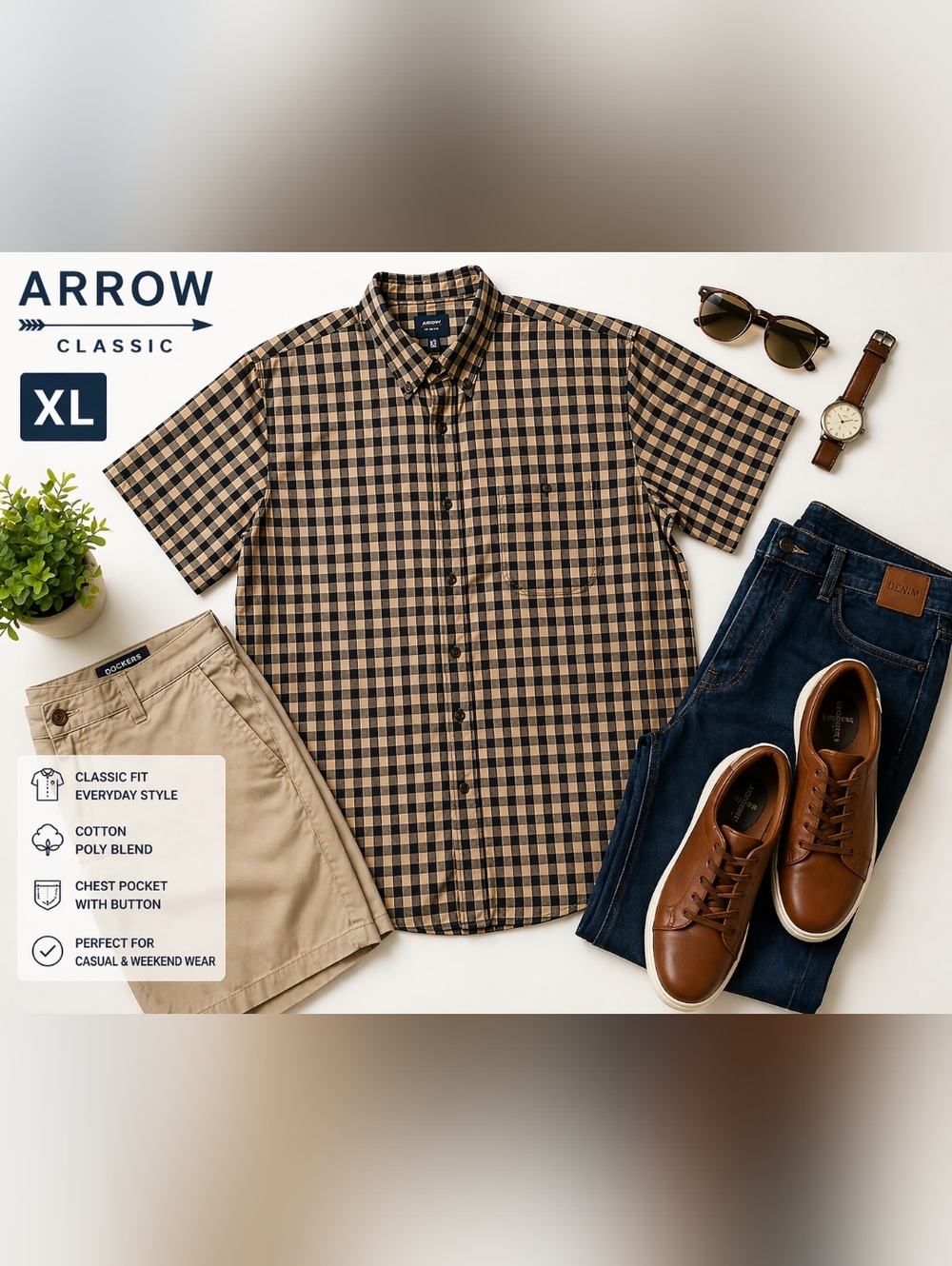 Classic Men’s Plaid Gingham Short Sleeve Button Down Shirt Pocket Cotton Blend